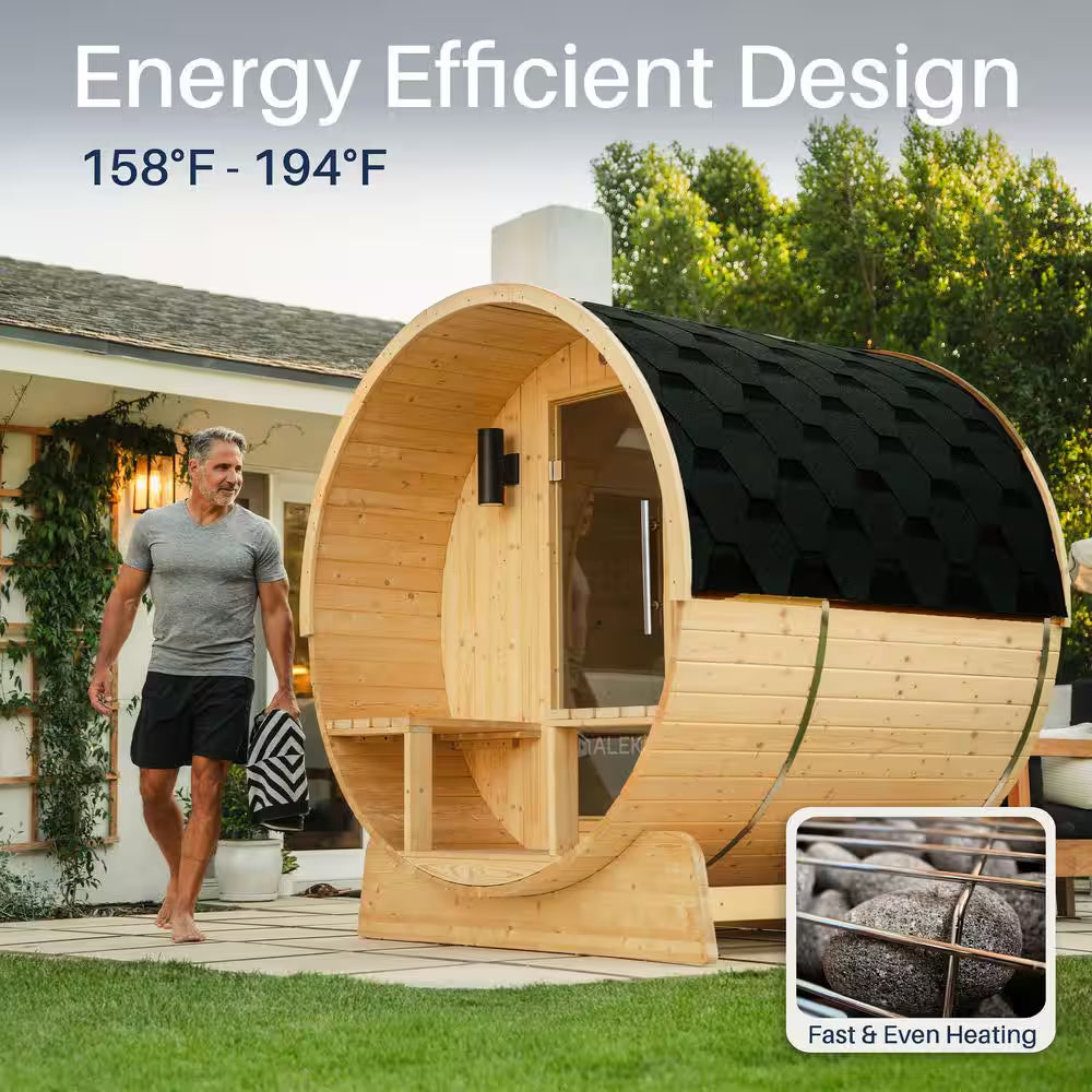 Outdoor Indoor Finland Pine Wet Dry Barrel Sauna 3-5 Person Front Porch Canopy 4.5 Kw ETL Certified Bitumen Shingle Roof