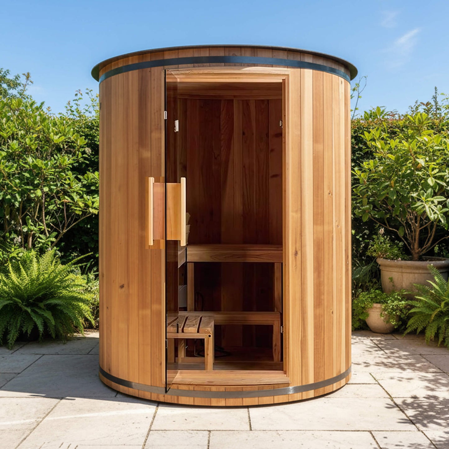 Thermora Barcelona Premium 78-Inch 4-Person Cedar Wood Outdoor Vertical Barrel Sauna With 6KW Heater, LED Lights And Stones (SAK74813)