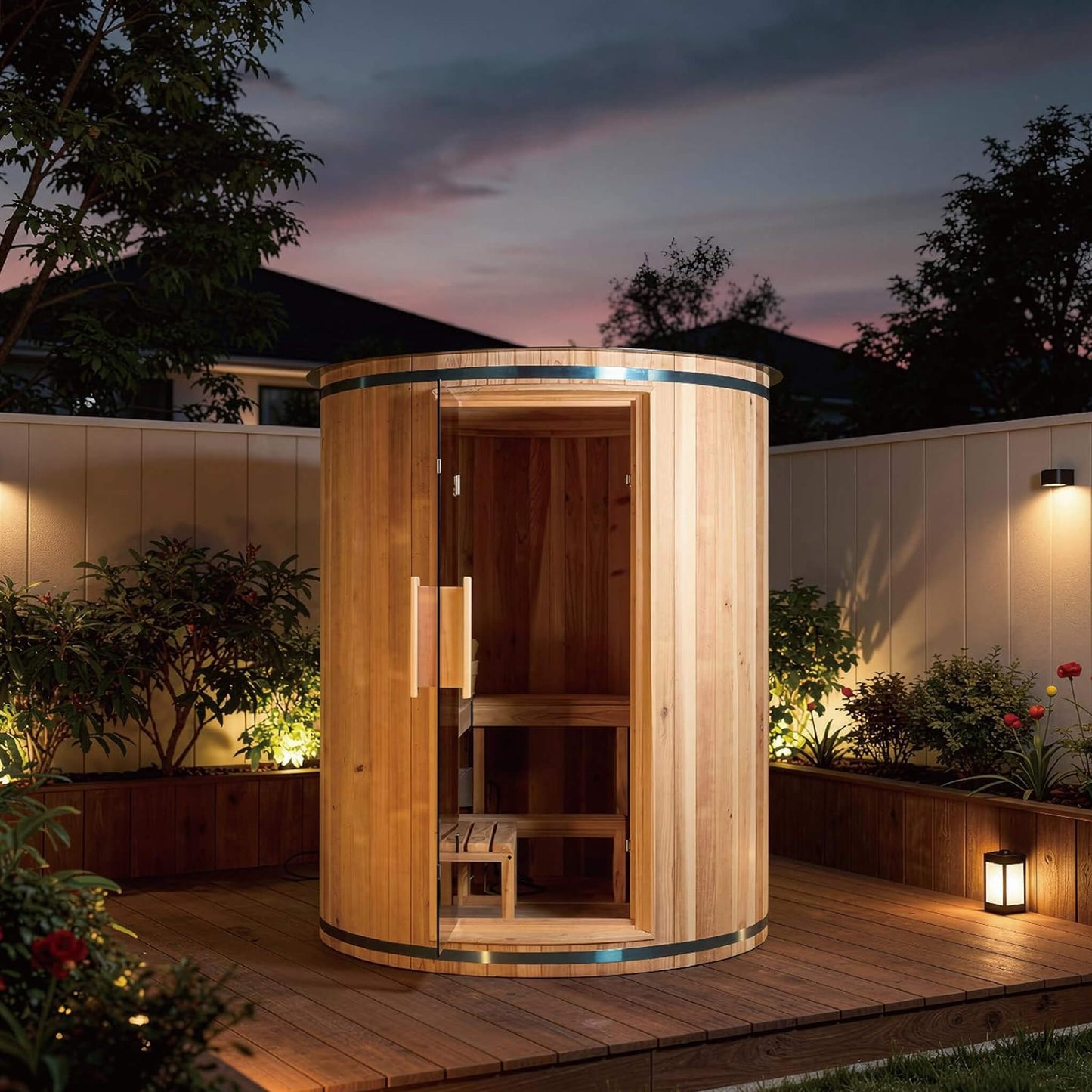 Thermora Barcelona Premium 78-Inch 4-Person Cedar Wood Outdoor Vertical Barrel Sauna With 6KW Heater, LED Lights And Stones (SAK74813)