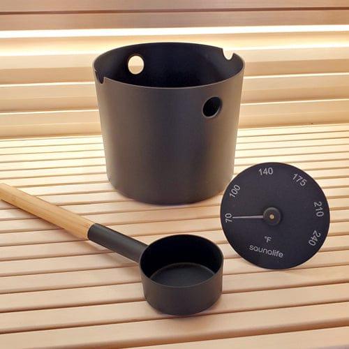 SaunaLife Accessory Package 6 | Aluminum 1-Gallon Sauna Bucket Set with Wood Ladle and Thermometer