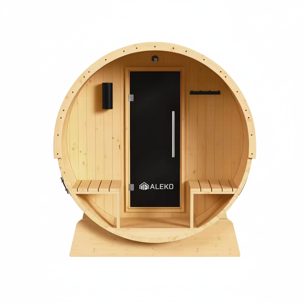 Outdoor Indoor Finland Pine Wet Dry Barrel Sauna 3-5 Person Front Porch Canopy 4.5 Kw ETL Certified Bitumen Shingle Roof