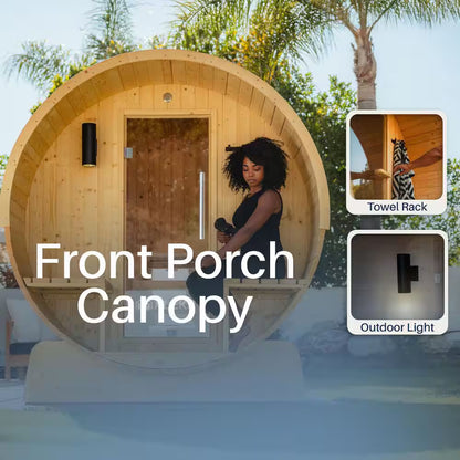 Outdoor Indoor Finland Pine Wet Dry Barrel Sauna 3-5 Person Front Porch Canopy 4.5 Kw ETL Certified Bitumen Shingle Roof