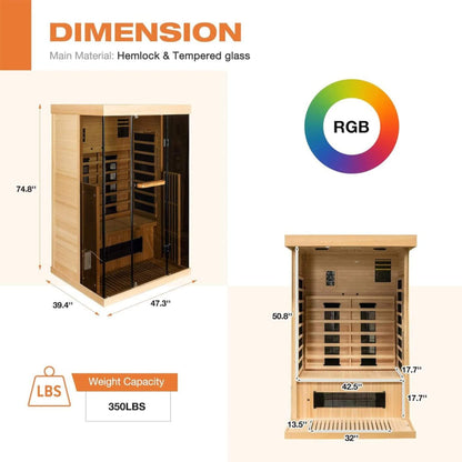 Thermora Valen Luxury 2-Person Low EMF FAR Infrared Heat Wood Home Personal Spa Sauna W/ Panoramic Tempered Glass, 2000W (SAK27481)