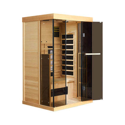 Thermora Valen Luxury 2-Person Low EMF FAR Infrared Heat Wood Home Personal Spa Sauna W/ Panoramic Tempered Glass, 2000W (SAK27481)