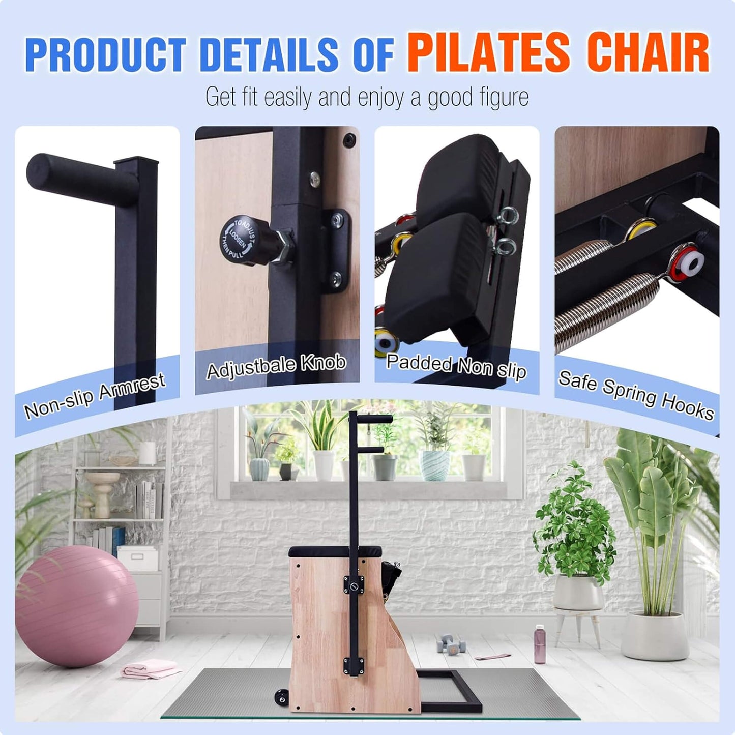 Core Pilates Multifunctional Solid Wood Pilates Reformer Chair With Adjustable Springs And Split Pedals (SAK27581)