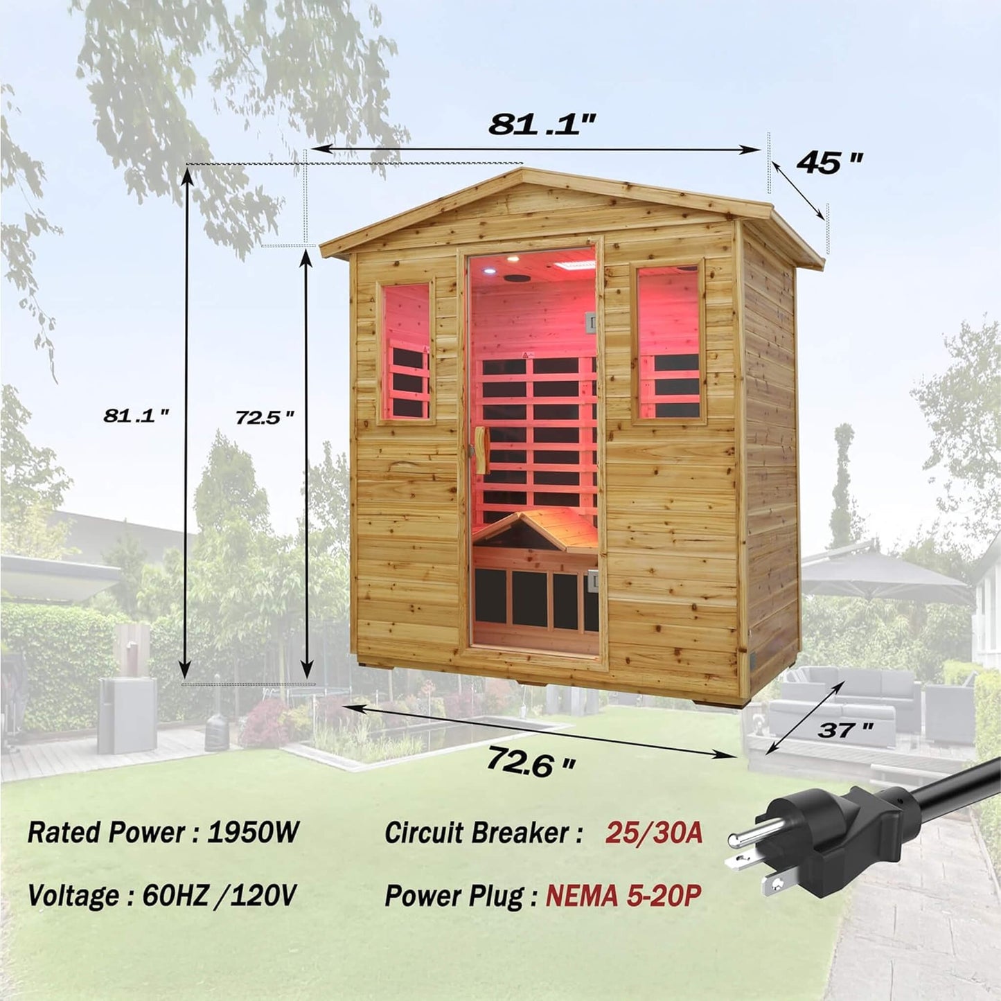 Thermora Kora Deluxe 3-Person Outdoor Full Spectrum Low EMF Infrared Home Sauna With Bluetooth Speakers And LED Reading Light (SAK14098)