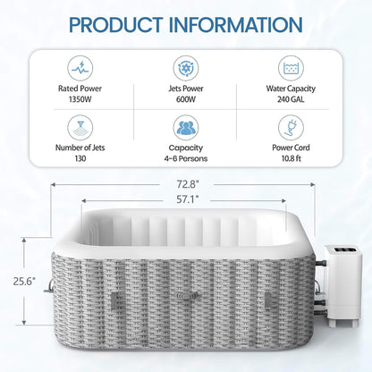 Premium 73-Inch Portable 6-Person Inflatable Square Hot Tub W/ 130 Massage Jets And 6 Filter Cartridges (SAK82109)