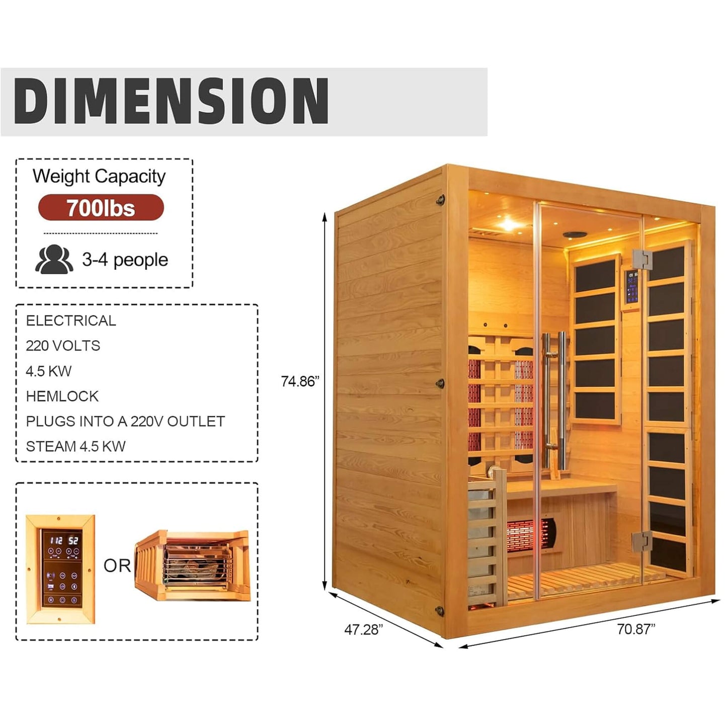Rövia Aurora 3-Person Indoor Hybrid Sauna Room With Infrared And 4.5KW Steam Heater (SAK41592)