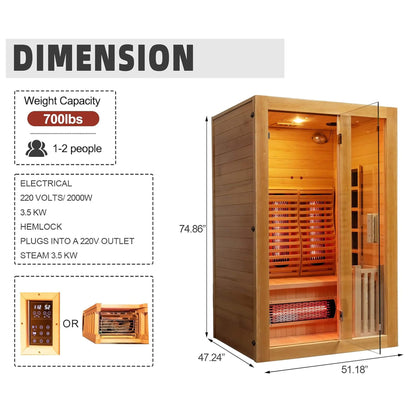 Rövia Luma 2-Person Indoor Hybrid Sauna Room With Infrared And 3.5KW Steam Heater (SAK83750)