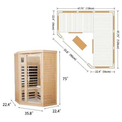 Thermora Norix Premium 2-Person Corner Space Infrared Wooden Sauna Room With Bluetooth Speakers, 1600W (SAK81524)