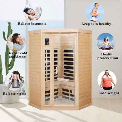 Thermora Norix Premium 2-Person Corner Space Infrared Wooden Sauna Room With Bluetooth Speakers, 1600W (SAK81524)
