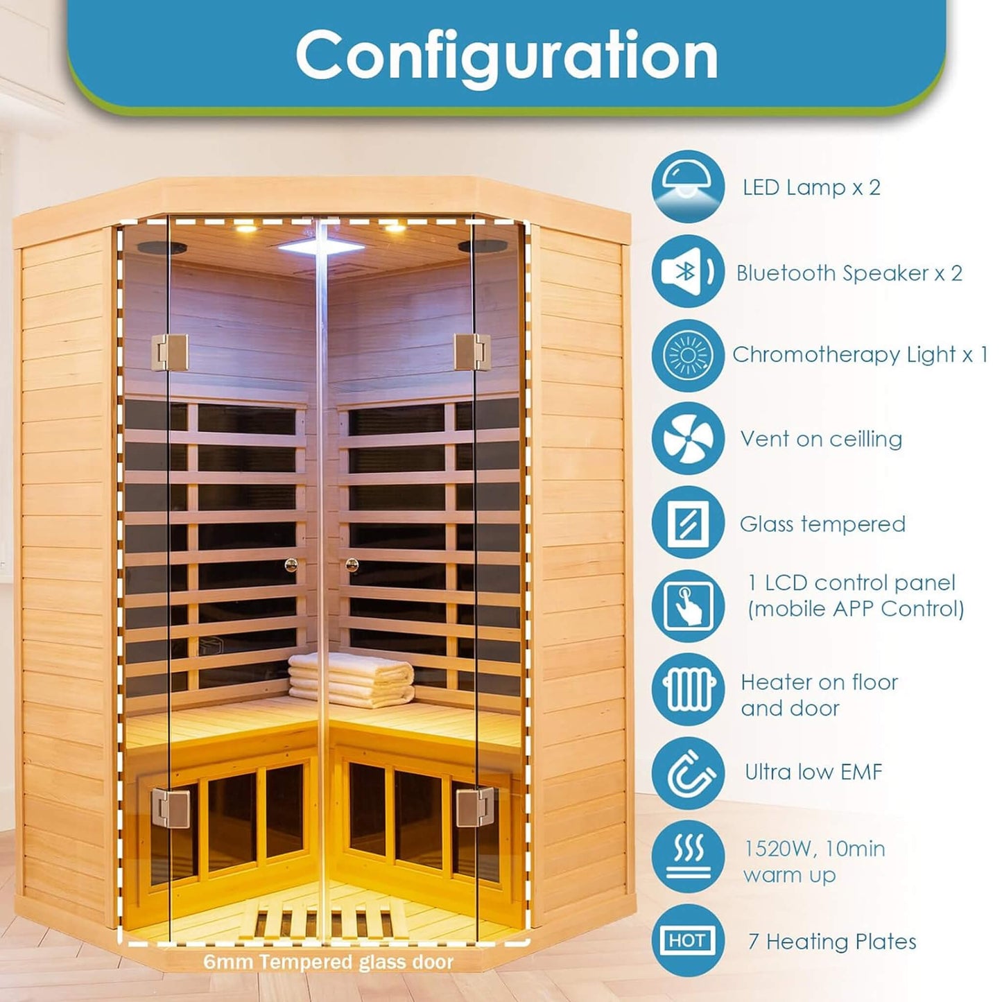 Thermora Norix Premium 2-Person Corner Space Infrared Wooden Sauna Room With Bluetooth Speakers, 1600W (SAK81524)
