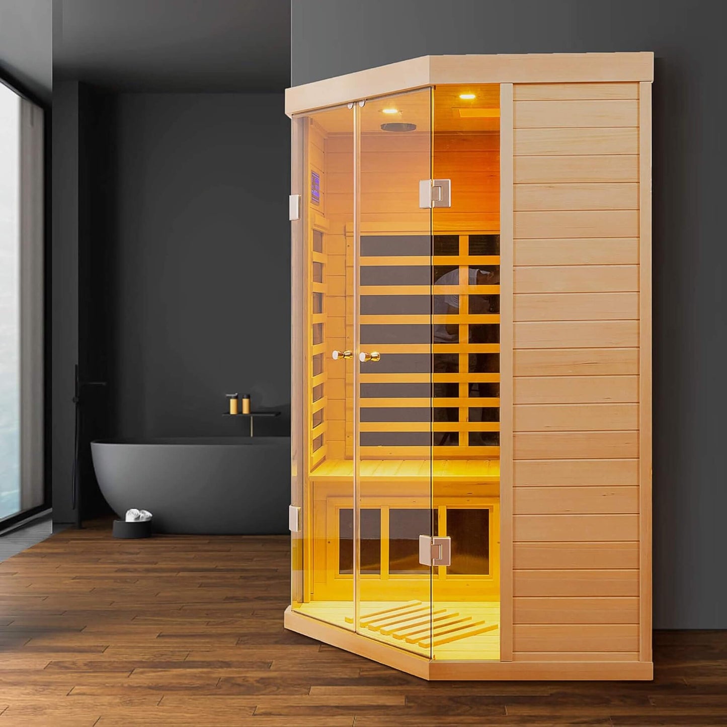 Thermora Norix Premium 2-Person Corner Space Infrared Wooden Sauna Room With Bluetooth Speakers, 1600W (SAK81524)