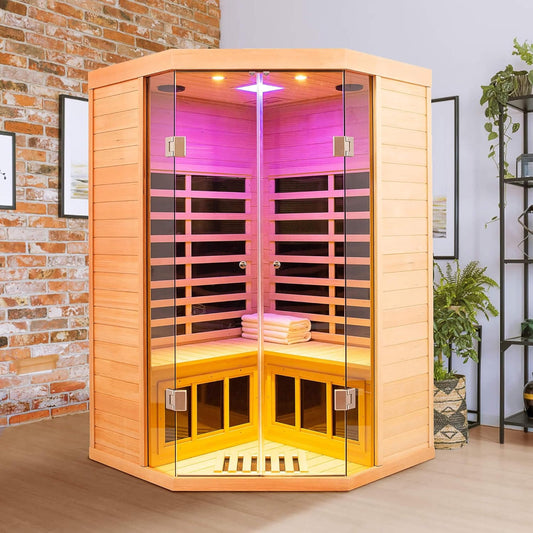 Thermora Norix Premium 2-Person Corner Space Infrared Wooden Sauna Room With Bluetooth Speakers, 1600W (SAK81524)