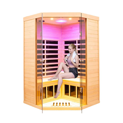 Thermora Norix Premium 2-Person Corner Space Infrared Wooden Sauna Room With Bluetooth Speakers, 1600W (SAK81524)